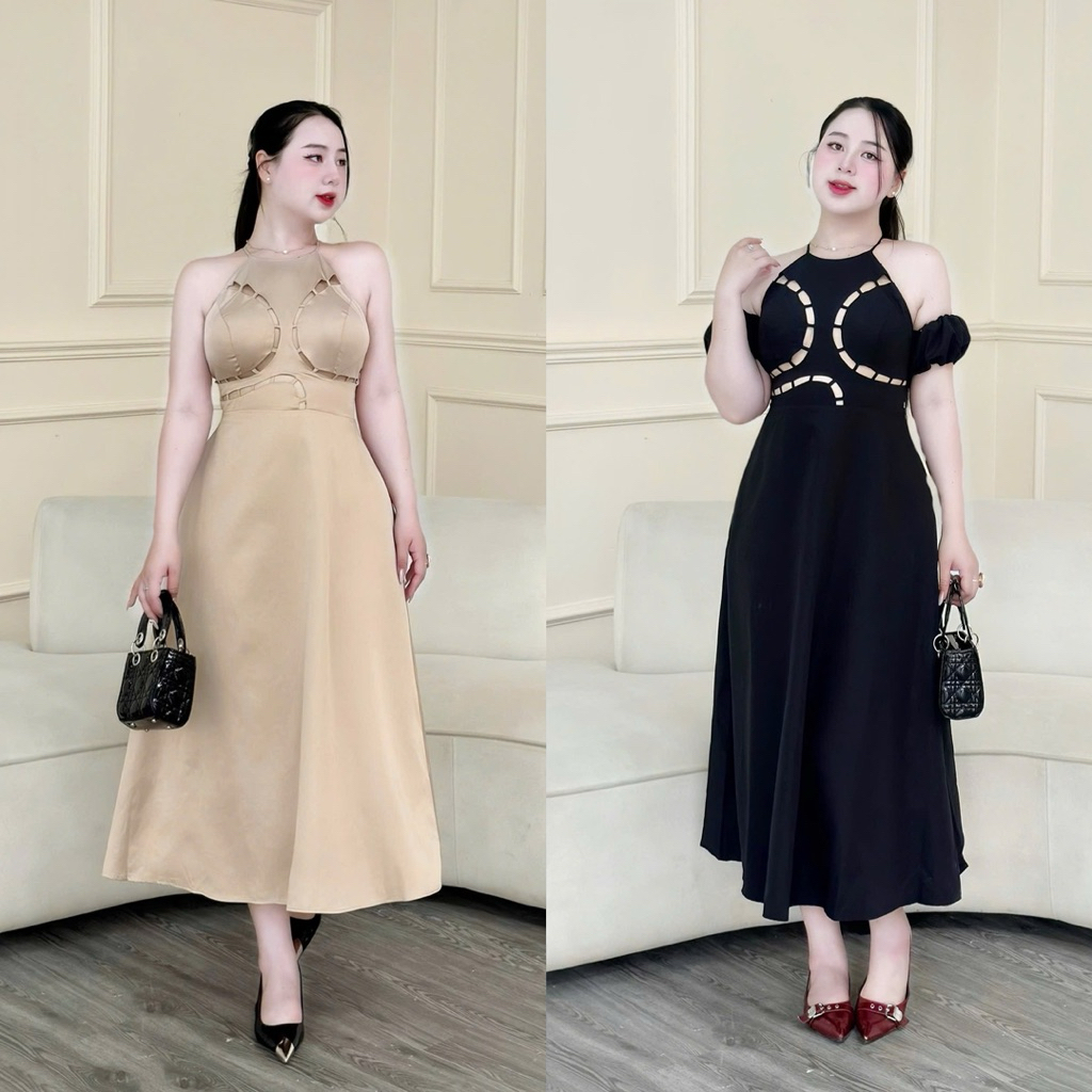 (สีดํา-สีน้ําตาล)เดรสยาวขนาดใหญ่ 50-90Kg Lady, หรูหรา, Slim Fit พร้อมแขนคอนซีลเลอร์ -D119-U Xinh Sto