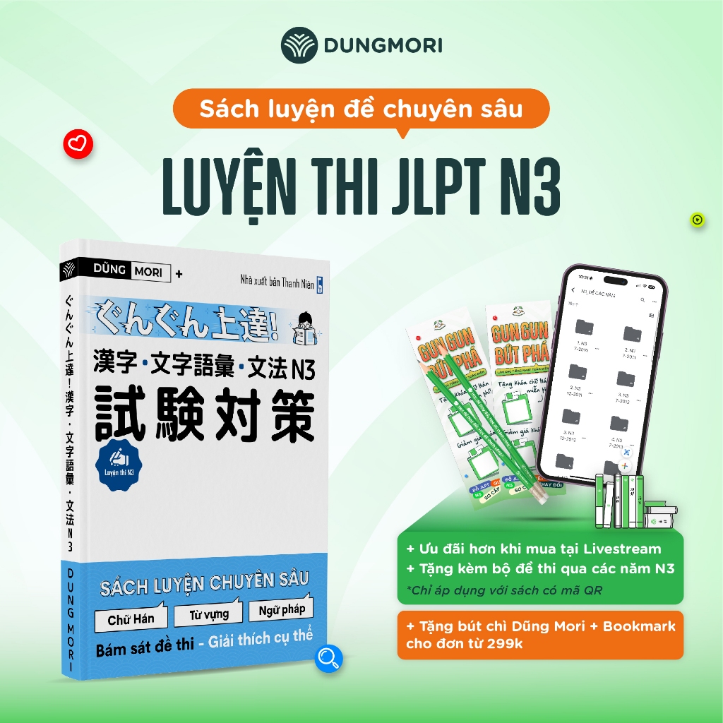 JLPT N3 Dung Mori หนังสือเตรียมสอบญี่ปุ่น - หนังสือฝึกคําศัพท์ไวยากรณ์ตัวอักษรจีน N3 N2 N1