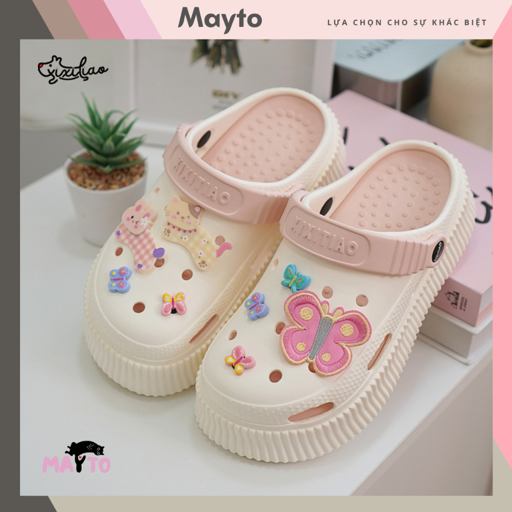 รองเท้าแตะผู้หญิง รองเท้าแตะ Mayto พร้อมพื้นสูง 5.5 ซม. และ XIXITIAO Flying Rabbit Cat charm สไตล์รอ