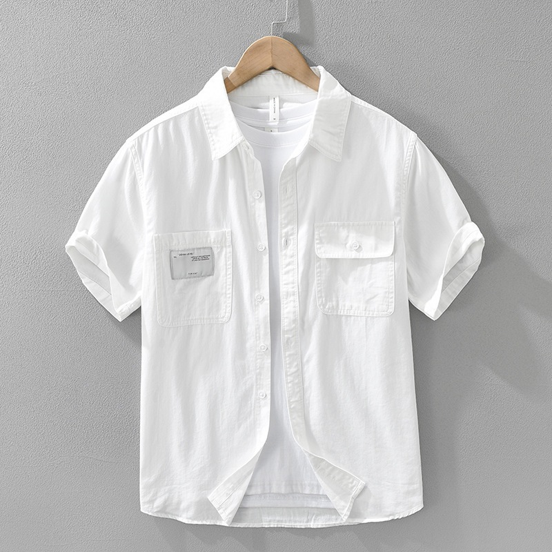 เสื้อเชิ้ตแขนสั้น 2 กระเป๋า พื้นฐาน ผู้ชาย ผ้ากากี ร้านค้า