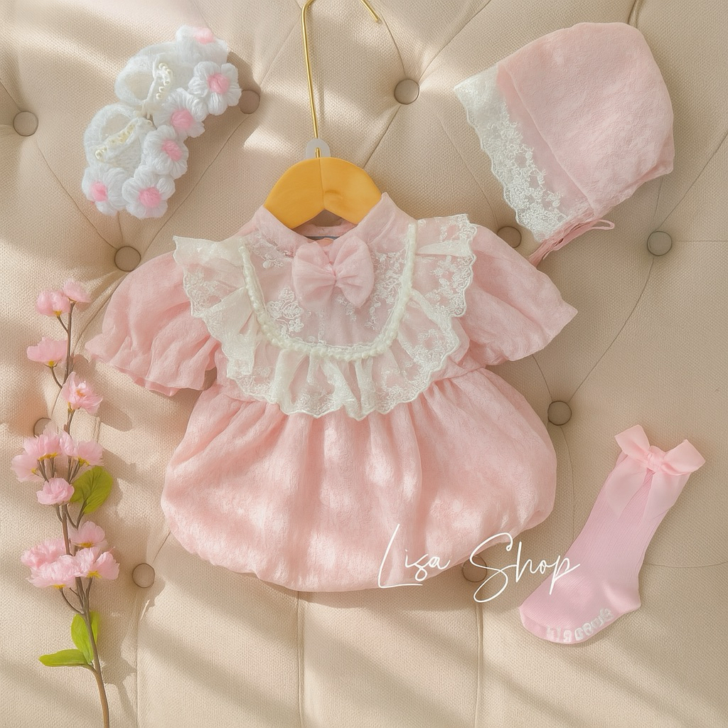 ชุดบอดี้สูทลูกไม้สีชมพูญี่ปุ่นที่มีขอบมุกและโบว์พร้อมหมวกเด็ก3-11กิโลกรัม