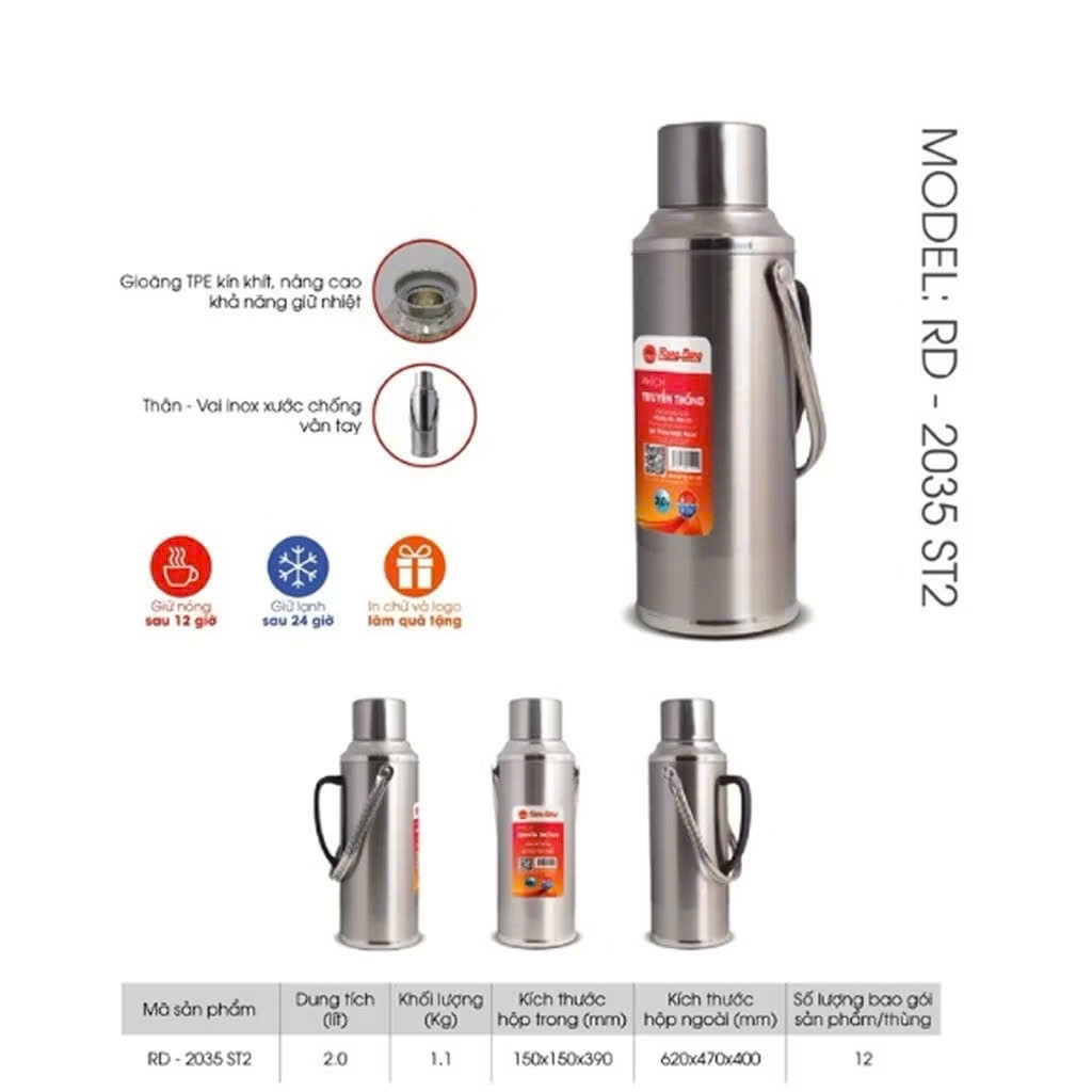 Rang Dong 2L กระติกน้ําร้อนสแตนเลส รุ่น RD 2035 ST2. สินค้าของแท้100%