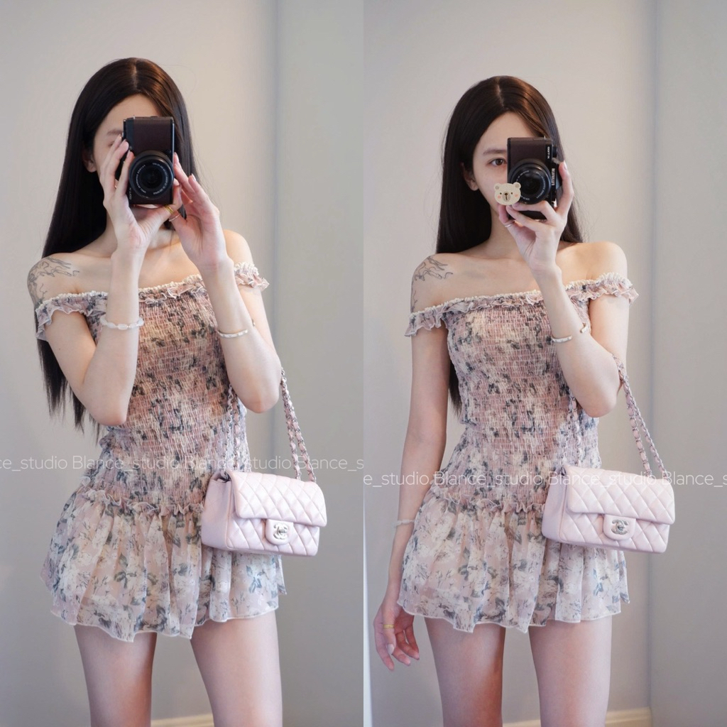 บลัง สตูดิโอ เดรสปาดไหล่ เข้ารูป ลายดอกไม้ (มีของ)
