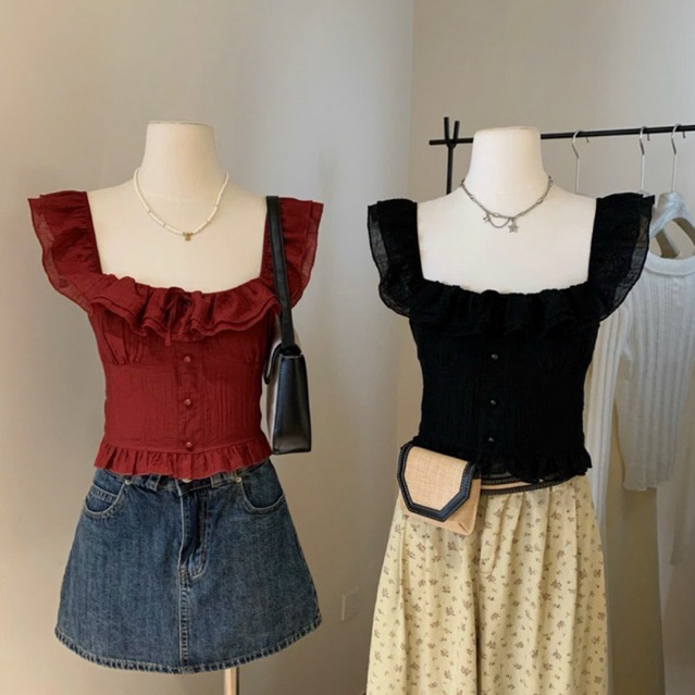 WGWE• เสื้อลูกไม้คอเหลี่ยม/ปาดไหล่ 5088 สินค้า wgwe QC