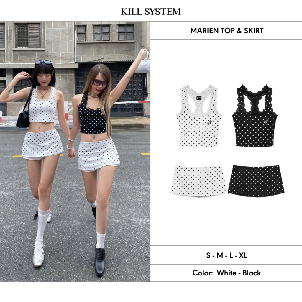 MARIEN - KILL SYSTEM เซ็ท (ဂျစ်ထိပ်) ပွိုင့်လေး စကပ် + လက်မဲ့ လက်ဖုံးဇာ ထိပ် + စကပ်တု ဘောင်းဘီတို