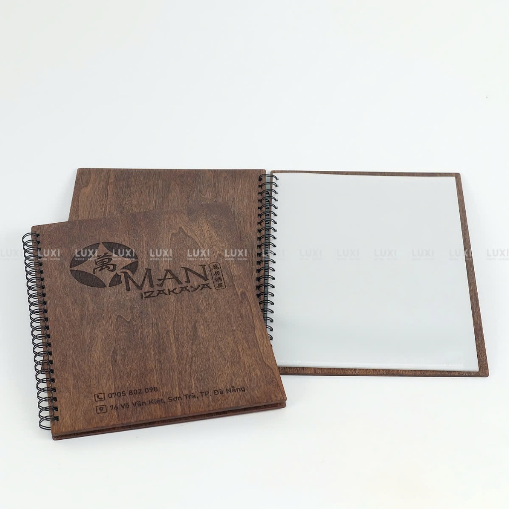 XO HCM l SPRING-BOUND WOODEN MENU ขนาด A4, A5, RETURANT AND COFFEE MENU โน๊ตบุ๊ค (ฟรีโลโก้ ENGRAVING