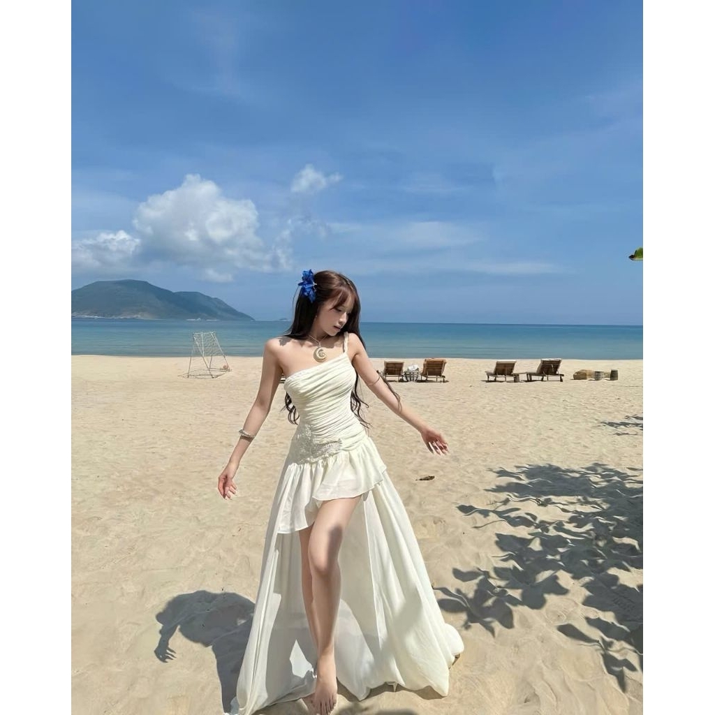 แมกซี่ชายหาดเปิดไหล่ชุดเดรสหางยาวเอวลูกไม้เซ็กซี่หรูหราสําหรับผู้หญิงไปปาร์ตี้และการเดินทางทีวี044