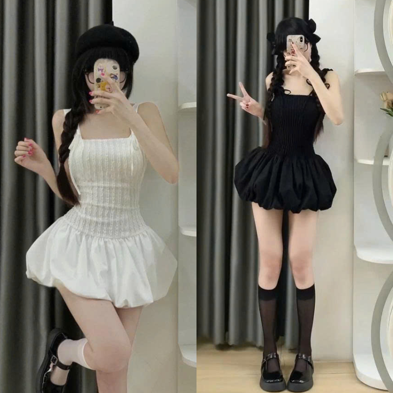 [AVAILABLE/AVAILABLE] เดรสทูพีซบานผูกโบว์หรูหราและกางเกงป้องกันสุดน่ารัก