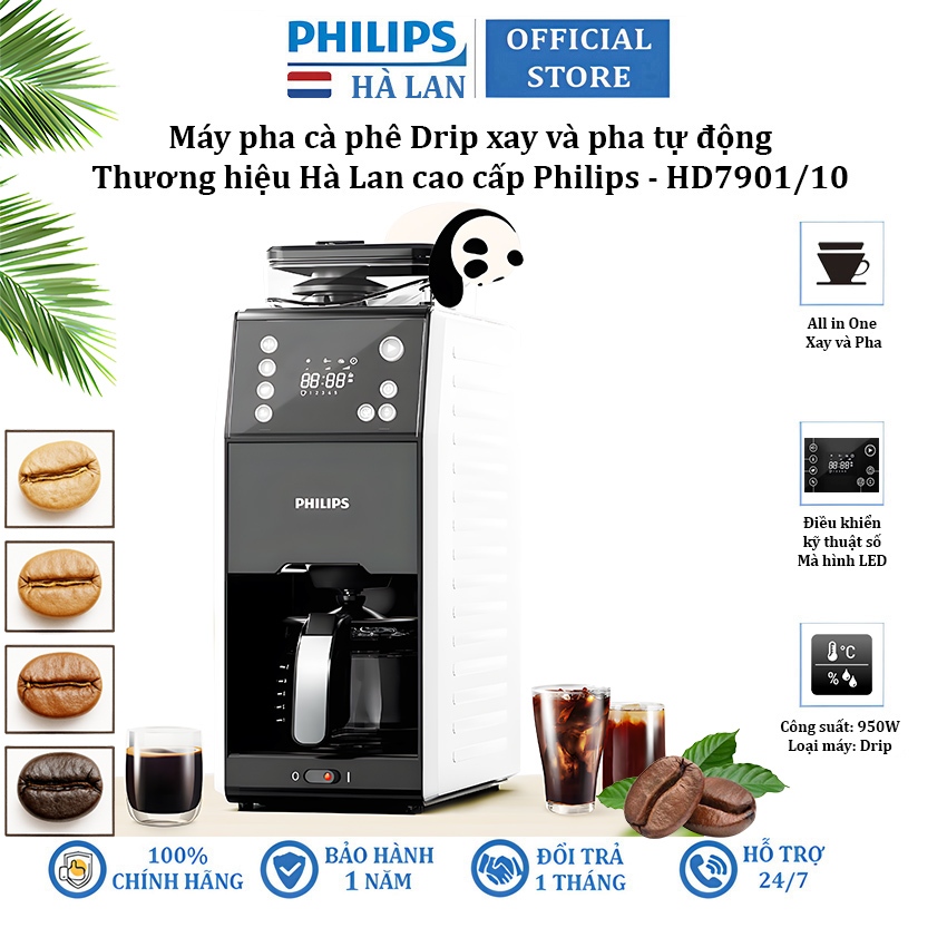 Philips HD7901 เครื่องชงกาแฟแบบดริป บดในตัว 10 ถ้วย สีดำ/ขาว