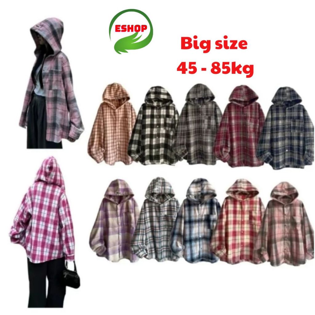 ESHOP เสื้อแจ็คเก็ตกันแดดสําหรับบุรุษและสตรี Checkered Felt พร้อมหมวก 2 ชั้นเสื้อแขนยาวมีฮู้ด Bigsiz