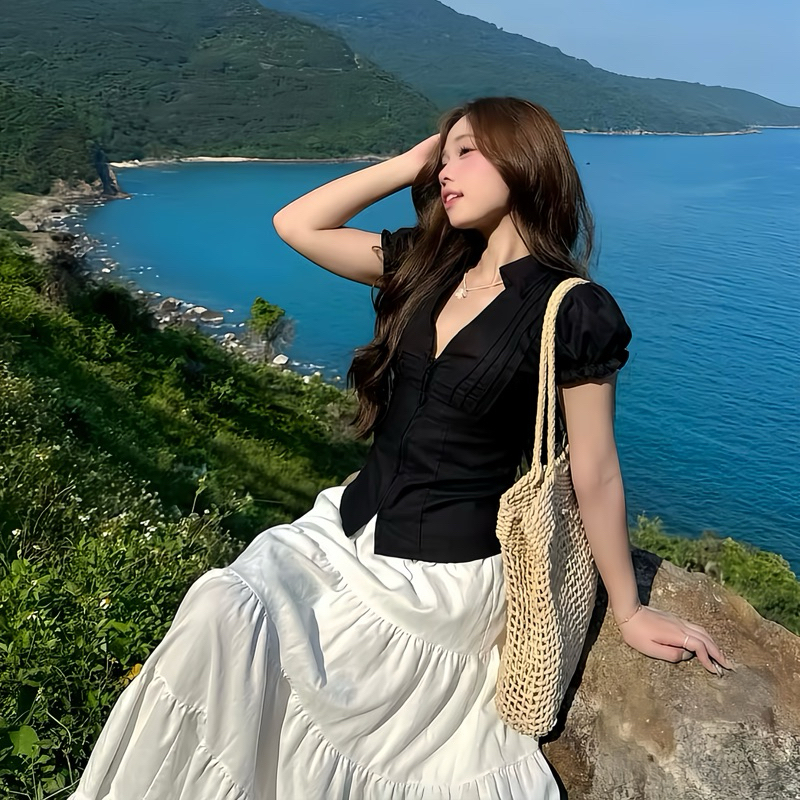 เสื้อเชิ้ตผู้หญิงทรงสวยแขนพัฟ A6 และซิปแบนสุด_Lazy Available in Big Size