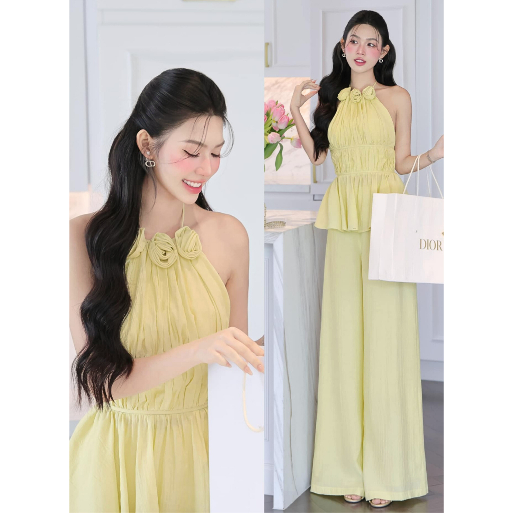 Set เสื้อคล้องคอเอวจําลองดอกไม้ กางเกงขากว้างยาวเข้ากับหุ่น Hb.closet S4