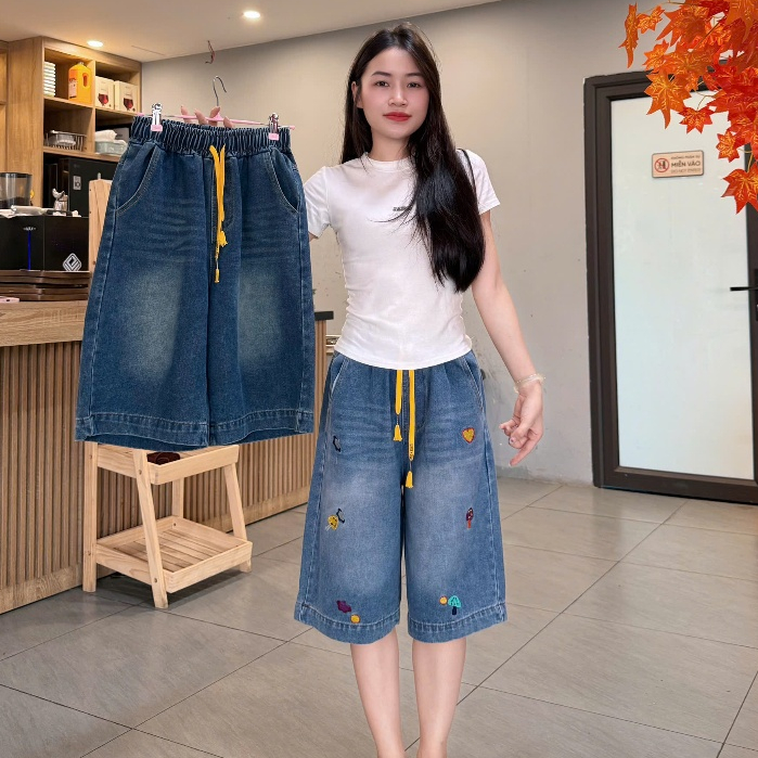 กางเกงยีนส์เอวสูงผู้หญิงยาว 60 ซม. ปักธรรมดารหัสยาว ก6027