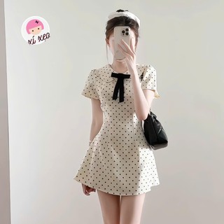 Váy ngắn tay cổ sen đính nơ họa tiết chấm bi chiết eo nhẹ nhàng dáng xòe xixeoshop - V26, V73