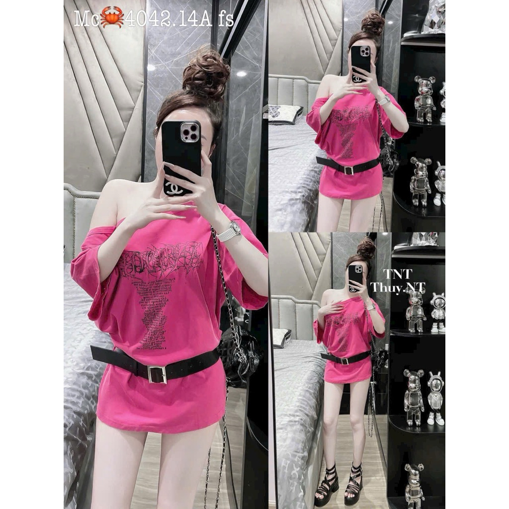 เสื้อยืดเปิดไหล่ทรงหลวมพร้อมกางเกงซ่อน ผ้าคอตตอนเนื้อนุ่ม (ms6.5)