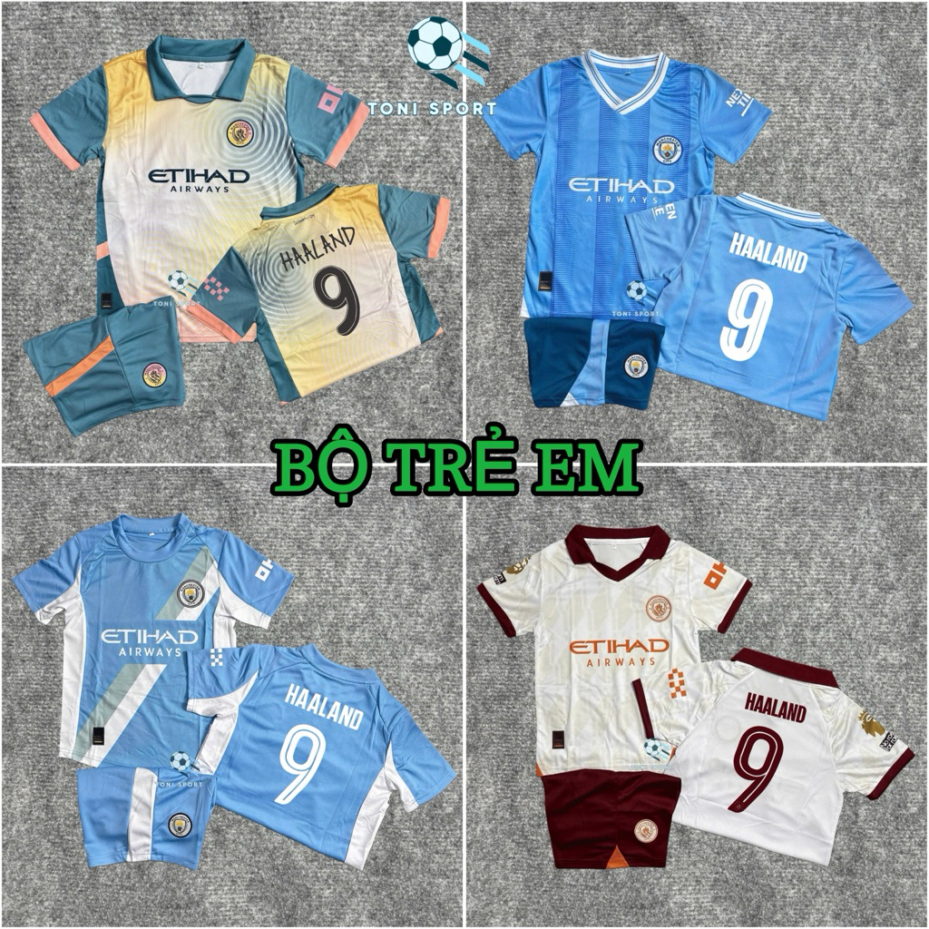 ชุดบอลเด็ก MAN CITY Club (กางเกง+เสื้อ) ใน HAALAND No. 9 - ผ้าสักหลาดไทยระบายอากาศคุณภาพสูง