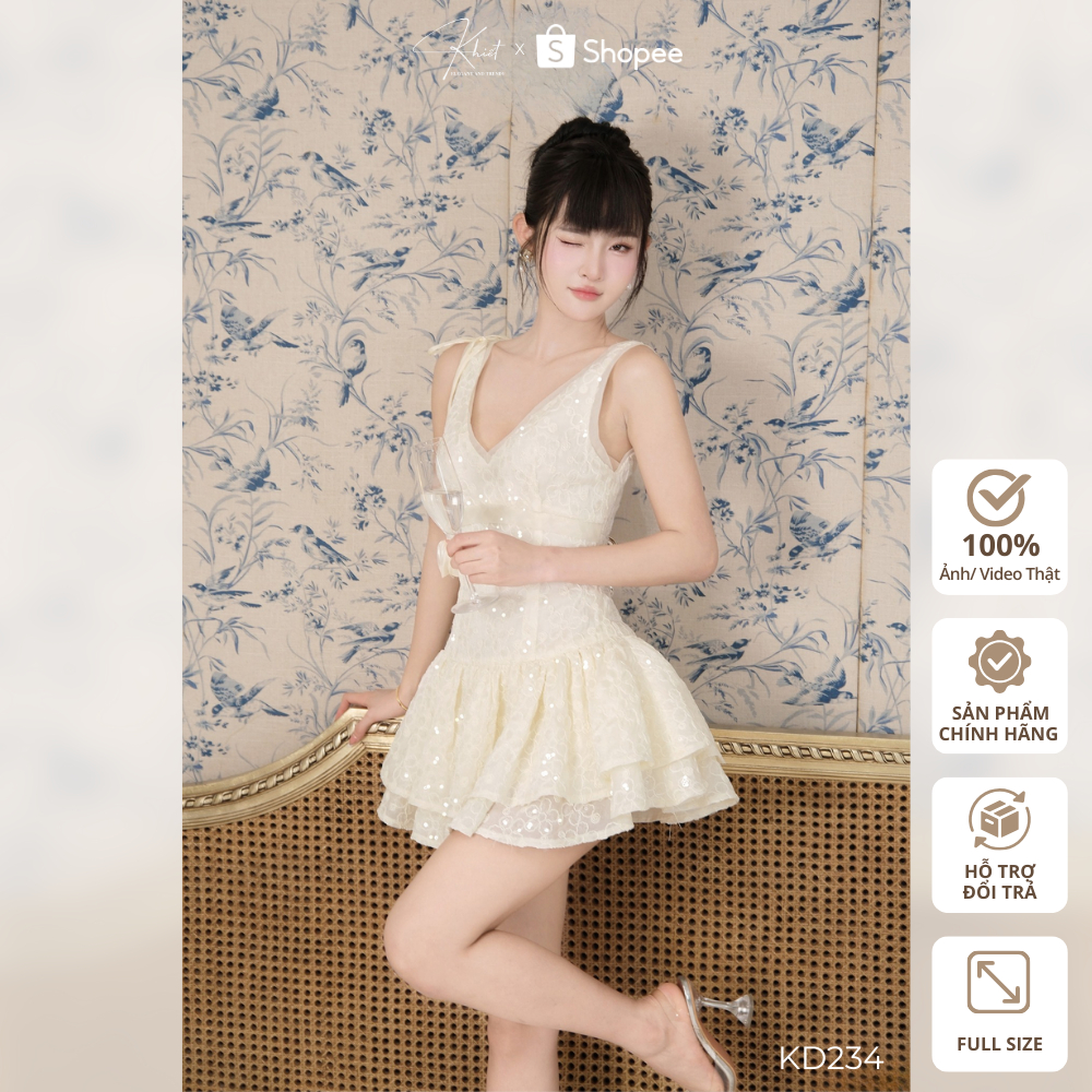 SA Kiveet Style เดรสชั้นบานทําจากผ้าไหมดอกไม้ครีมประกายหวานเย้ายวน Style KD234