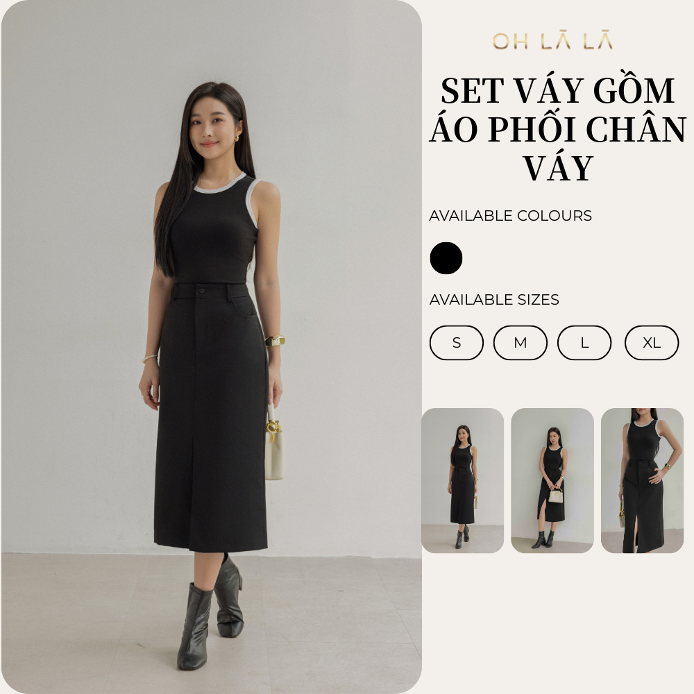 (OHLALA) Dress Set รวมเสื้อกล้ามและกระโปรงทรงดินสอขั้นพื้นฐานเรียบหรู สไตล์ออฟฟิศ