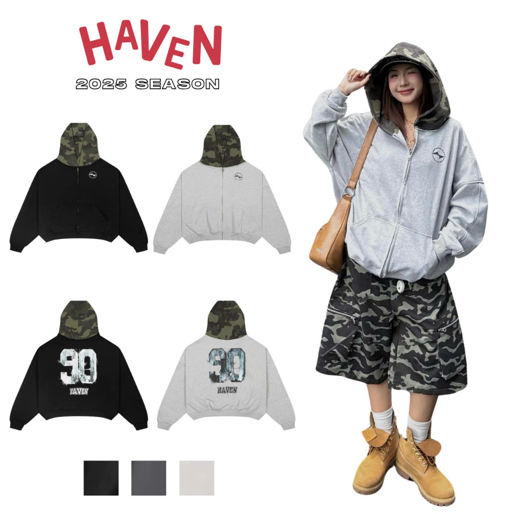 Haven Studio Boxy Form Camo Hoodie สีดําและสีเทาพิมพ์ลายหมายเลข 90 และหมวกลายพราง