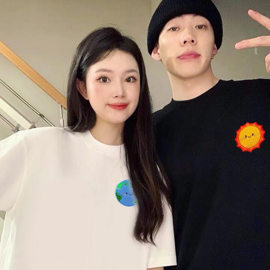 Earth - Sun Couple T-Shirt Unisex Loose, Basic Overisze Round Neck Love Couple T-Shirt