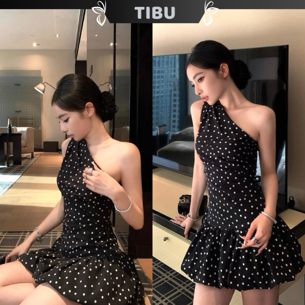 TIBU Polka Dot Off-Shoulder Dress ชุดเดรสเปิดเอวผู้หญิงน่ารักสําหรับออกไปข้างนอกบนถนน D527