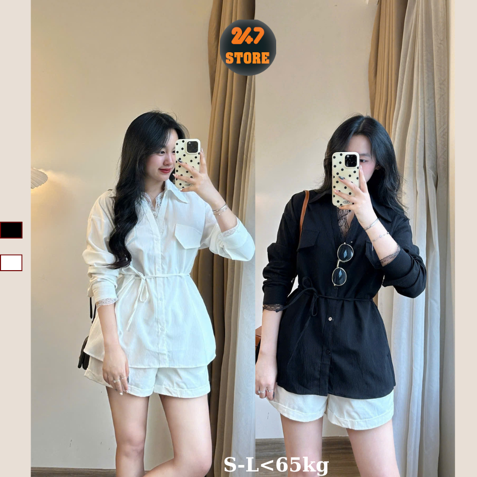 เสื้อเชิ้ตสํานักงานลูกไม้แขนยาวผู้หญิงพร้อมสายรัดหลวม เสื้อจั๊มเข้าชุดง่าย 247STORE Smren5332_P8k8