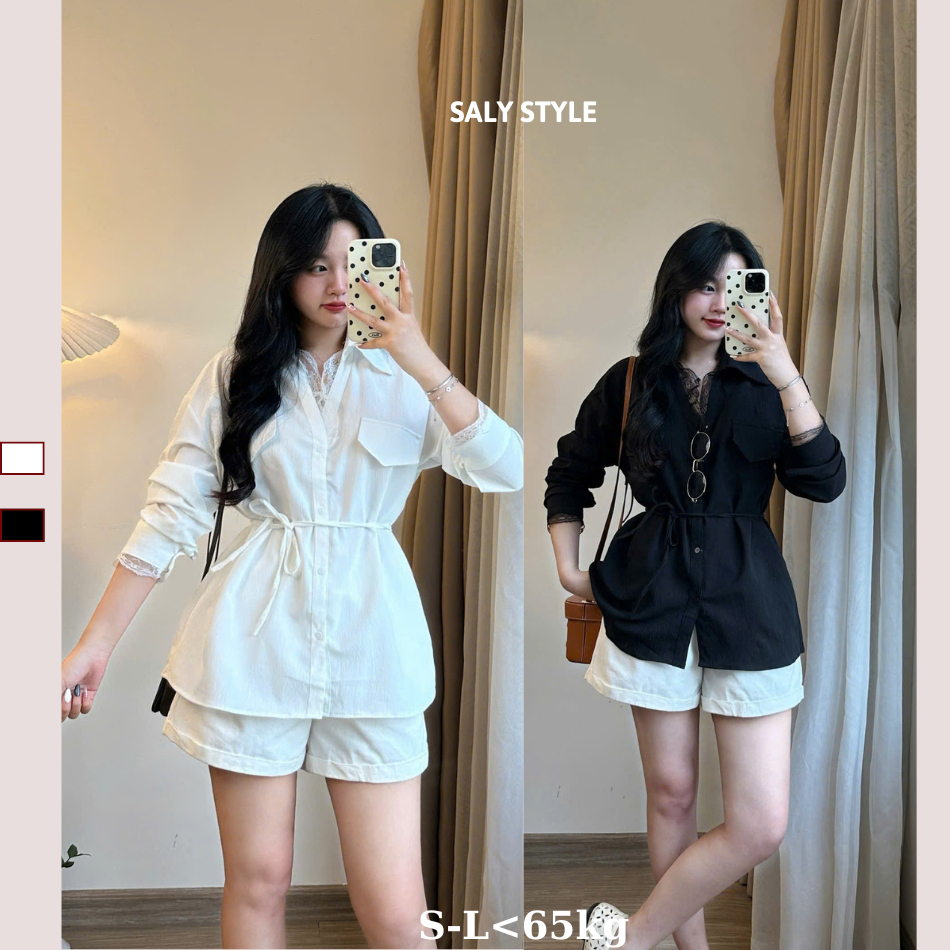 SALY เสื้อลูกไม้แขนยาวผู้หญิงพร้อมเข็มขัดกว้าง วัสดุหยาบ สไตล์เกาหลี Smren5332_P8k8
