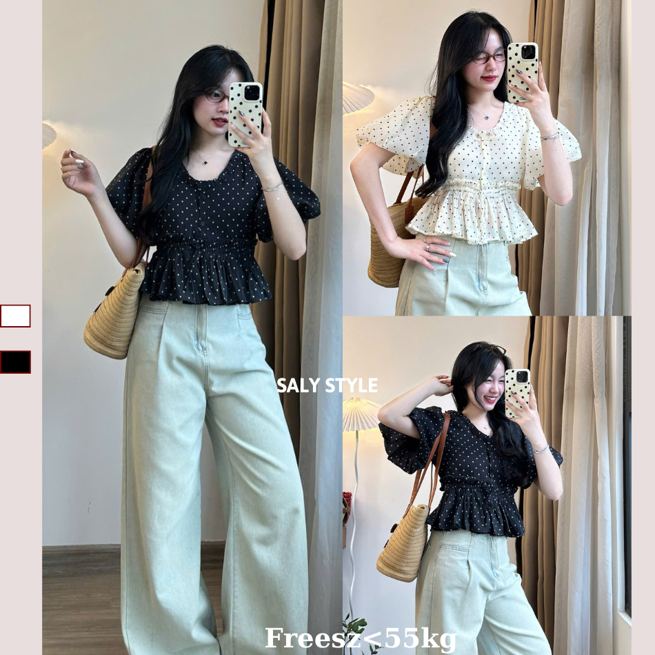 SALY เสื้อครอป babydoll lady แขนพัฟ เสื้อเชิ้ตทรงสั้นเอวลายจุด Aobbd039_P8k8