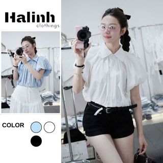 Áo sơ mi nữ cộc tay bồng dáng ngắn có bo chun gấu áo chất vải gió hàn basic by Halinh MN01