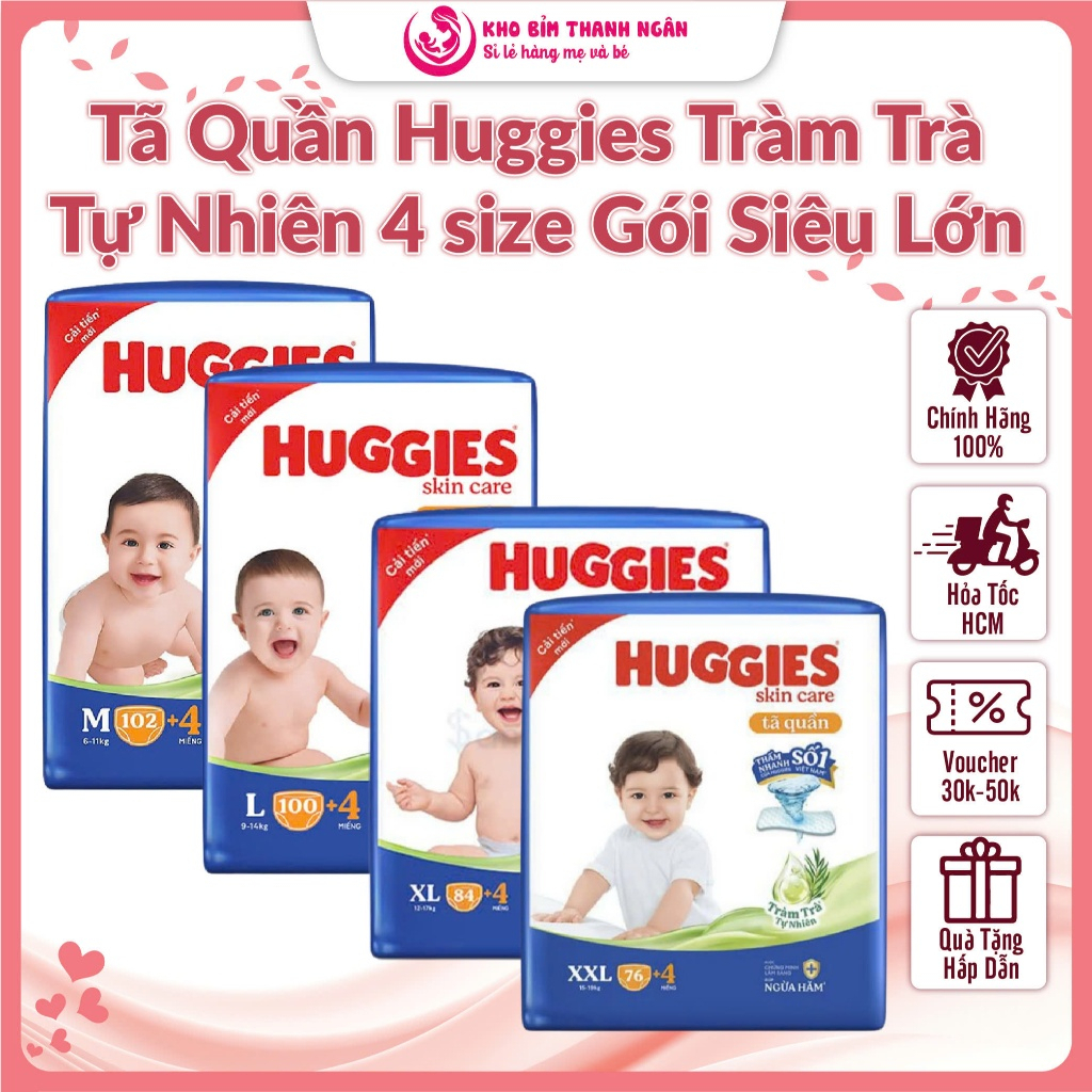 Huggies Skincare Mega Jumbo Natural Tea Tree Diapers M106/L104/XL88/XXL80 - กางเกง Huggies สีเขียว -