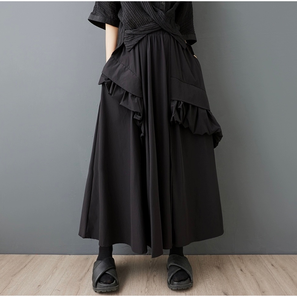 HAVADW กระโปรงสีดํามีกระเป๋านัวเนีย ทรงหลวม บุคลิกภาพ darkwear CV108