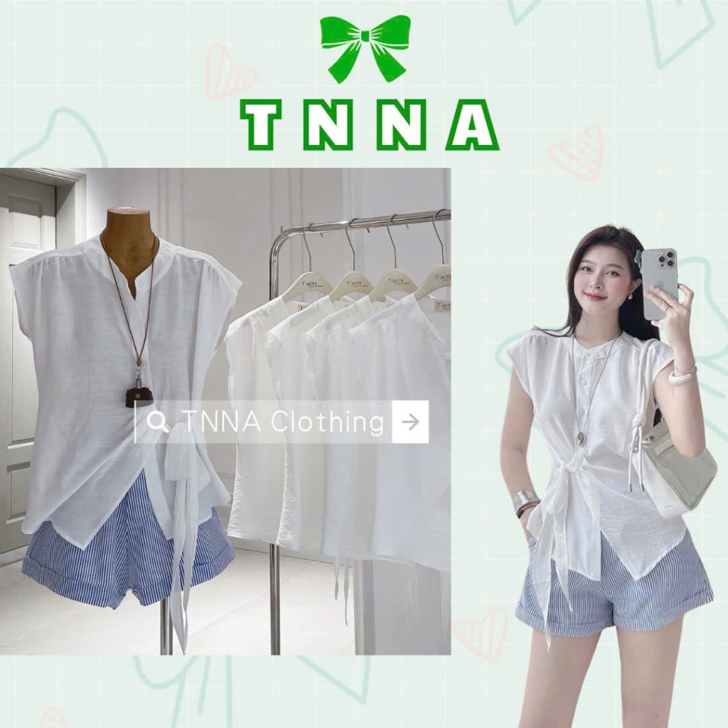 Tna_ชุดเสื้อแขนกุดคอเต่าผูกโบว์และกางเกงขาสั้นลายทางสีฟ้าขั้นพื้นฐาน