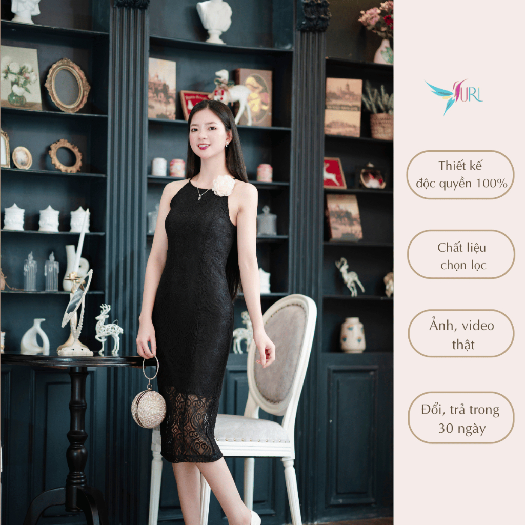 เดรสลูกไม้คล้องคอลายดอกไม้ URI เรียบหรู