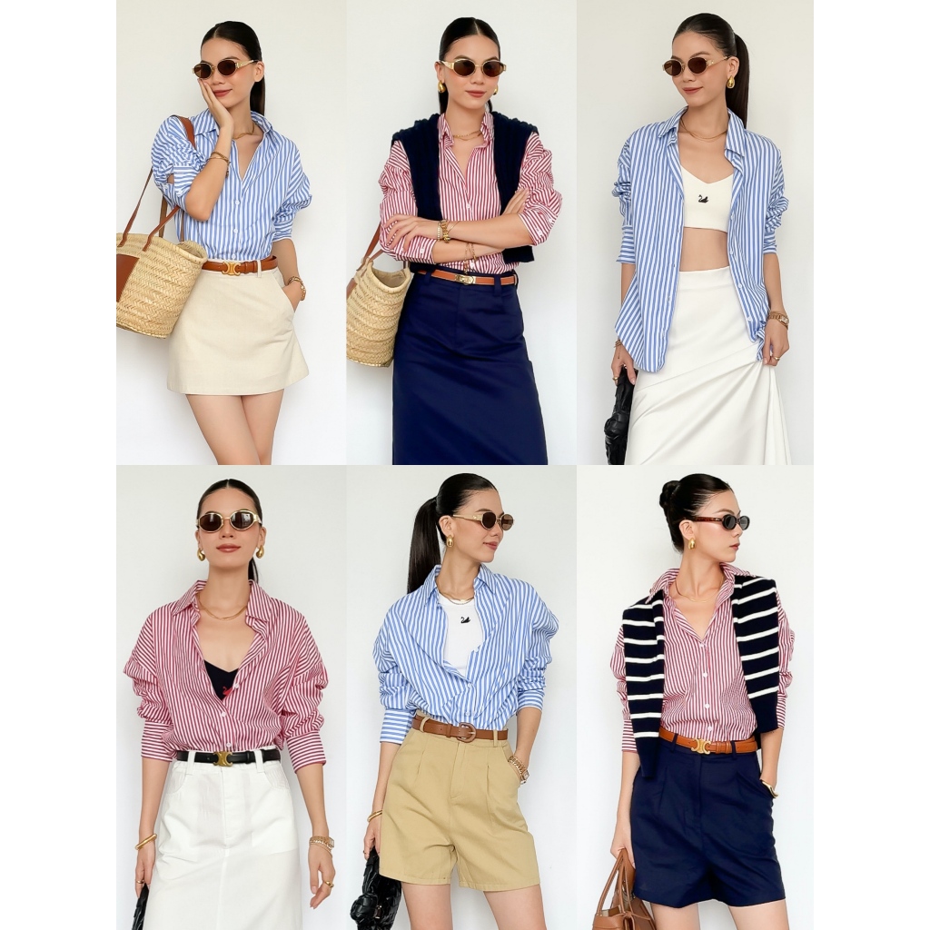 เสื้อเชิ้ตทรงหลวมลายทางผ้าฝ้ายโพลีสีฟ้าไร้ริ้วรอยสําหรับผู้หญิงสําหรับทํางานในสํานักงานและเล่น Dona | 3875 | ลาน่า อย่างเป็นทางการ
