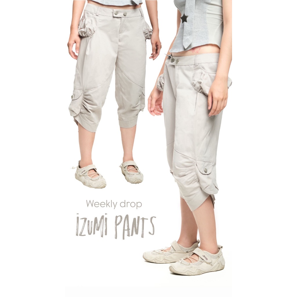 กางเกงขาสั้นผู้หญิงสีกากีกระเป๋ากล่อง | กางเกง UYU IZUMI Capri