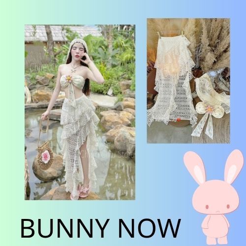 ชุดเที่ยวทะเลผู้หญิง ชุดบราผ้าฝ้ายพร้อมผ้าพันคอหัวรวมกับกระโปรงแยกลูกไม้ตาข่ายผู้หญิงน่ารัก ht818ข