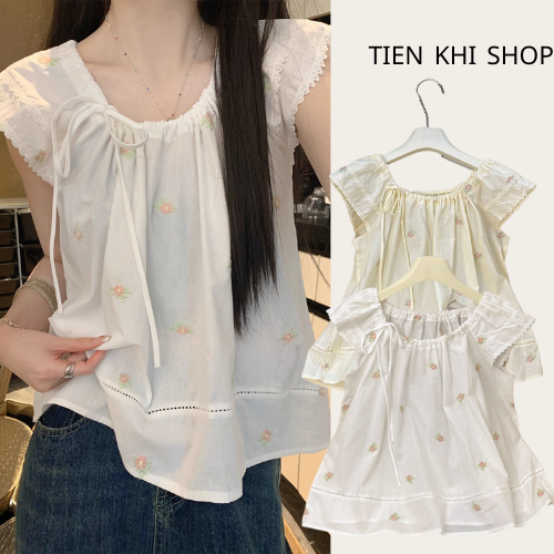 HCMC EXPRESS เสื้อดอกไม้เชือกคอเรือ สีทึบ แต่งลูกไม้ AK108