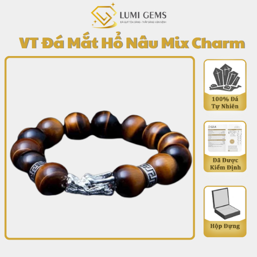 2A Lumi Gems สร้อยข้อมือหินเสือสีน้ําตาล, คุณภาพ 999 Silver Dragon Head Charm Mix สร้อยข้อมือฮวงจุ้ย