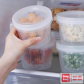 Hộp bảo quản thực phẩm tươi hành lá gừng tỏi hộp tròn tách nước đựng thức ăn để tủ lạnh tươi lâu 2 lớp ráo nước