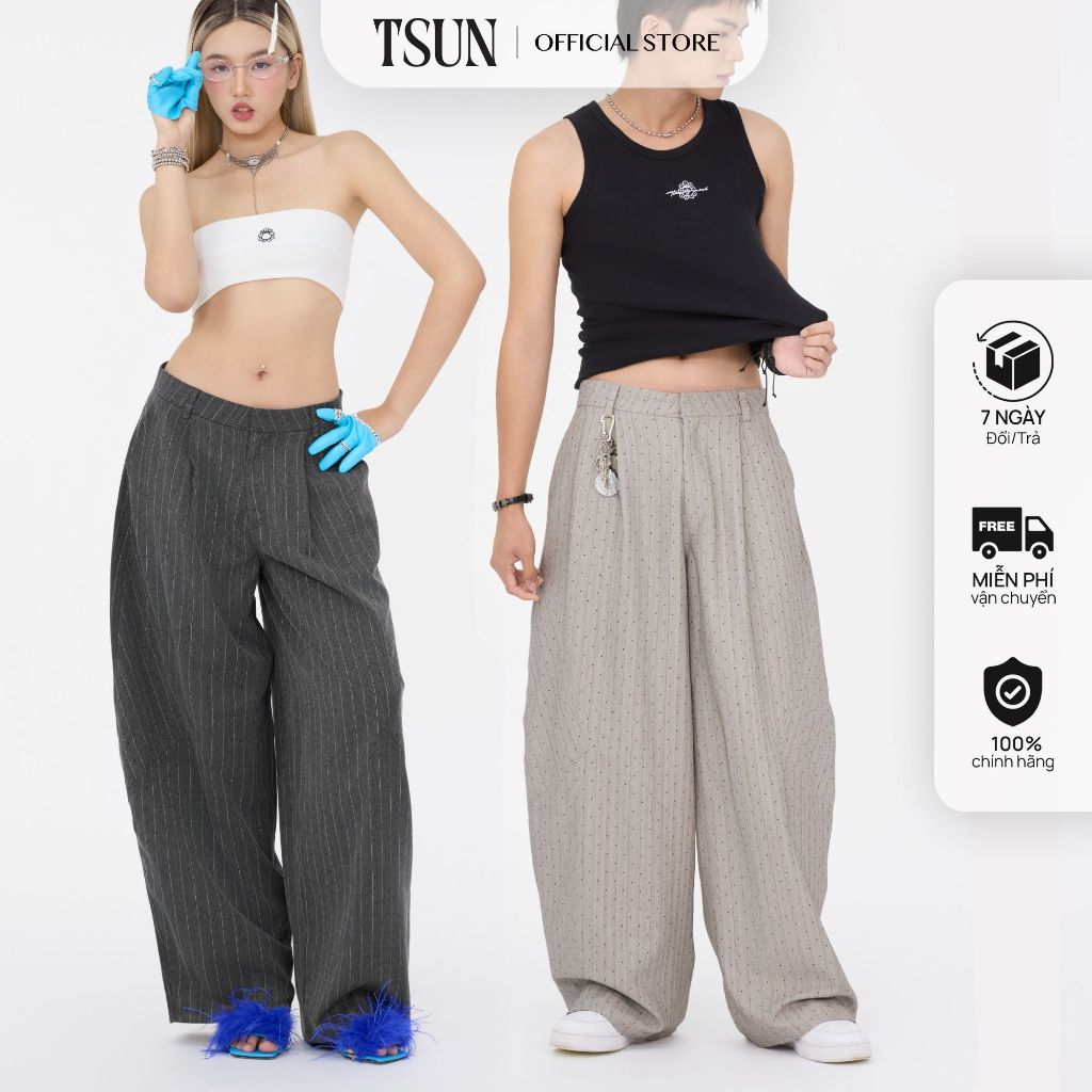 TSUN - Y2K Unisex Y2K Unisex Y2K สีกากีกางเกงขากว้างเอวต่ํา