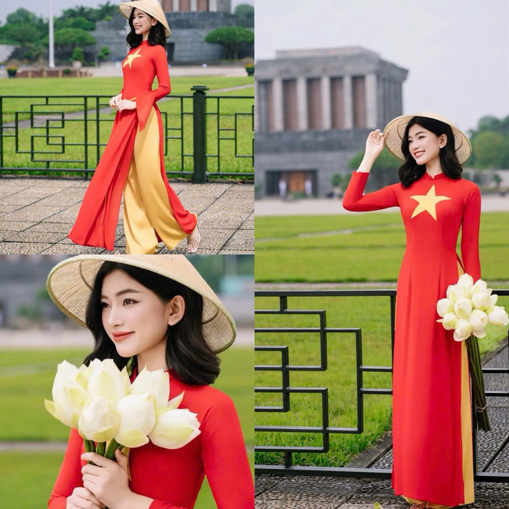 [พร้อมสต็อก] ผู้หญิง SILK Ao Dai ลายธง 4-WAY STRETCH ใส่สําหรับ HOLIDAY PHOTOS, EVENTS