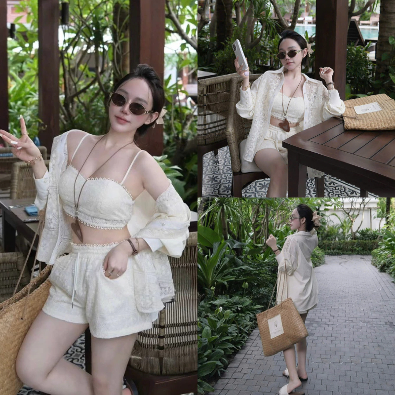 [ฟรีบรา] ชุดเซ็ต 3 ชิ้นผู้หญิง - เสื้อแขนยาวลูกไม้พร้อมกางเกงขาสั้นลูกไม้สุดน่ารัก นางสาว98