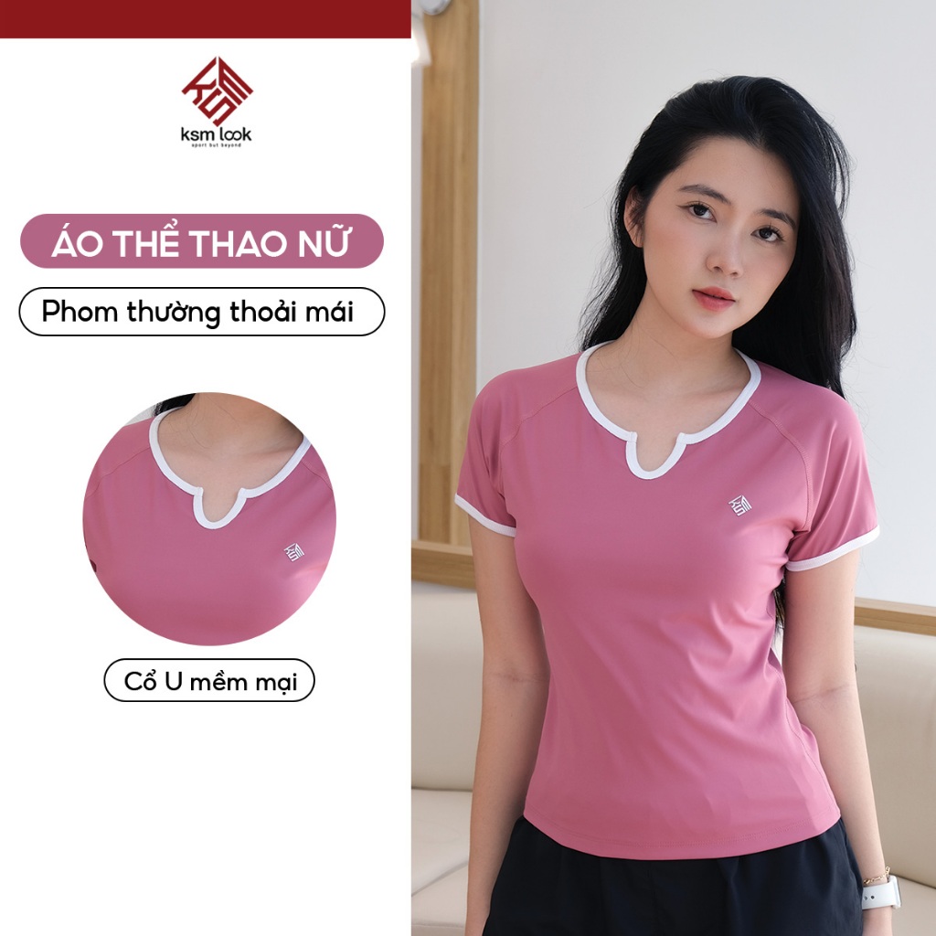 Ksmลุค เสื้อยืดผู้หญิงคอยูขอบขาวเสื้อยืดกีฬาผู้หญิงเหมาะสําหรับยิมโยคะวิ่งออกกําลังกายแบดมินตันผักดอ