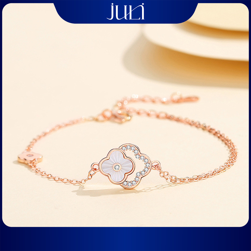 สร้อยข้อมือคู่โคลเวอร์สี่ใบสําหรับผู้หญิง | สไตล์เกาหลี | ใส่มันบนผิวกระจ่างใส | ตลอดไป | LT1086 JUL