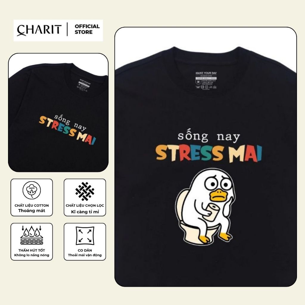 เสื้อยืด Unisex สําหรับผู้ชายและผู้หญิงที่มีภาพ LIFE NOW STRESS MAI ผ้าคอตตอน 100% - BOONE - BNE0021