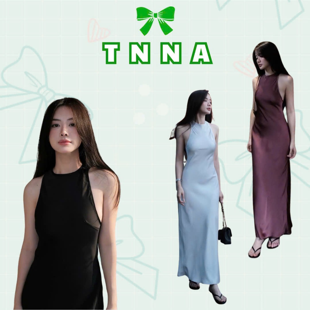 Tna_เดรสไหมพรมยาวผู้หญิงคล้องคอธรรมดา - แม็กซี่เดรสผ้าไหมฤดูร้อนสุดหรูเรียบง่าย