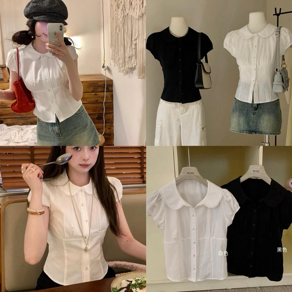 /wgwe.studio - WGWE/ WGWE 5672 เสื้อเชิ้ตผู้หญิงปกบัวและแขนหอยตัดลูกไม้กอดสไตล์ผู้หญิงกวางโจว