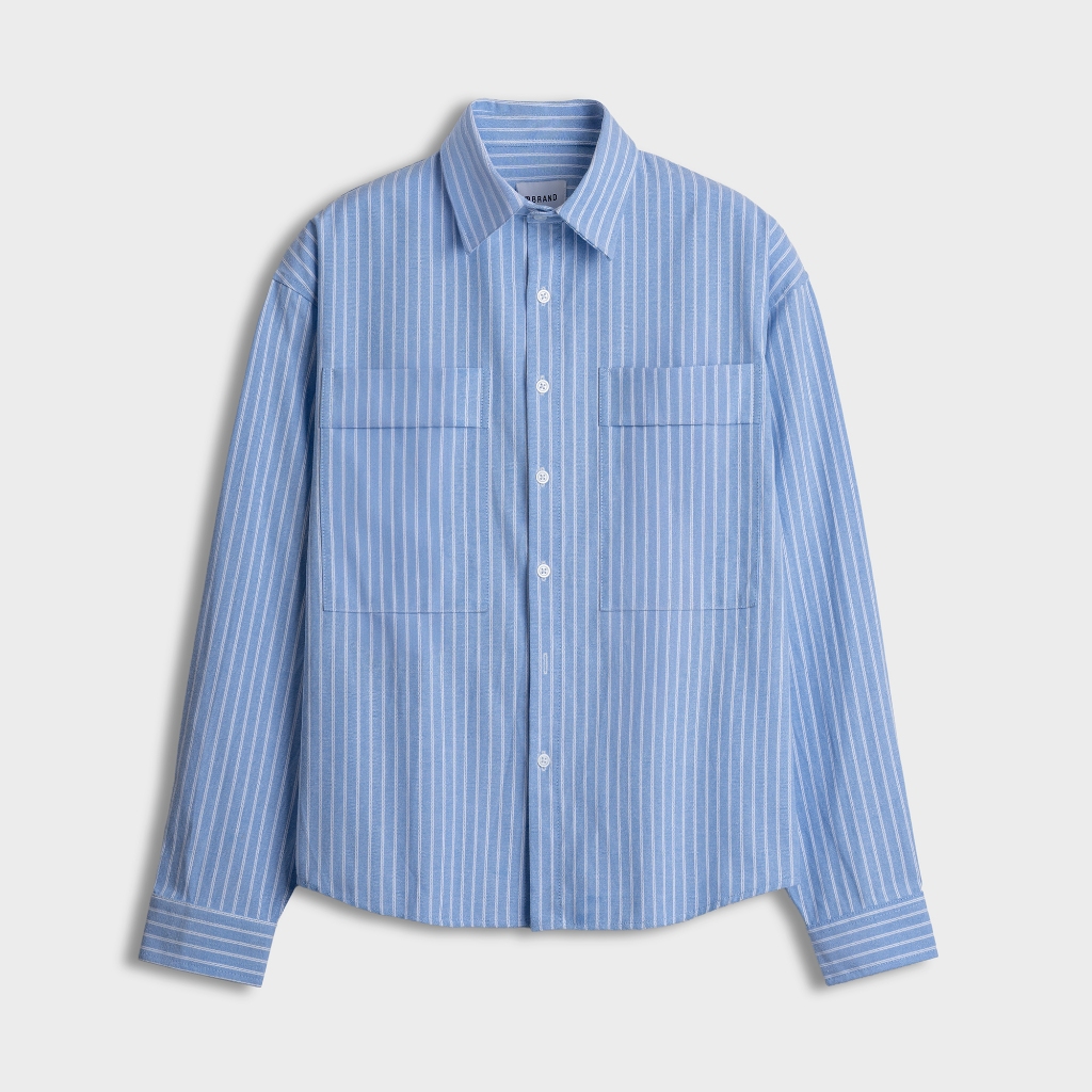บีแบรนด์ เสื้อเชิ้ตแขนยาวทรงหลวมมีกระเป๋ากล่องและลายทางสีฟ้าอ่อนเยาว์