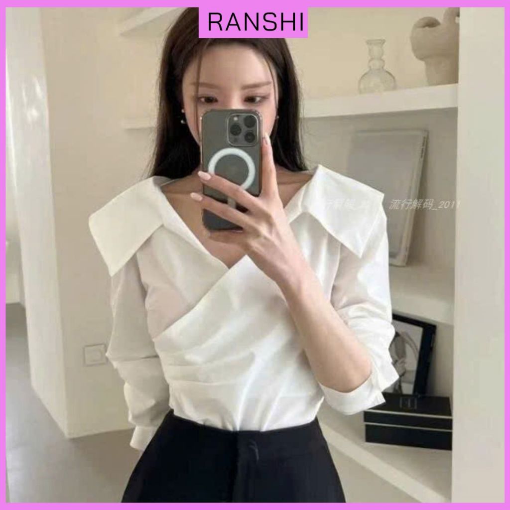 เสื้อเชิ้ตแนวทแยงแขนยาวคอปกกว้างสไตล์เกาหลีหรูหราสําหรับใส่ทํางานเล่น - RSM05 - SMCT