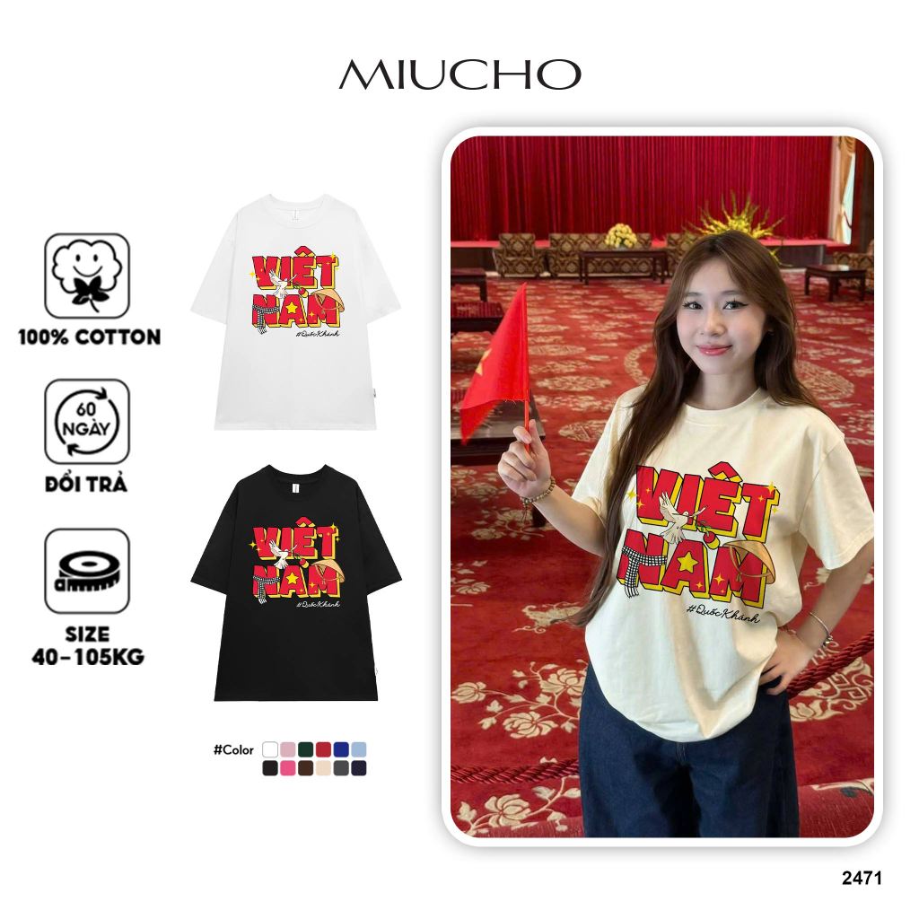 เสื้อยืดหมวกทรงกรวยเวียดนาม ATD2471 Miucho oversize ผ้าคอตตอนเท่ๆ แขนสั้น คอกลม